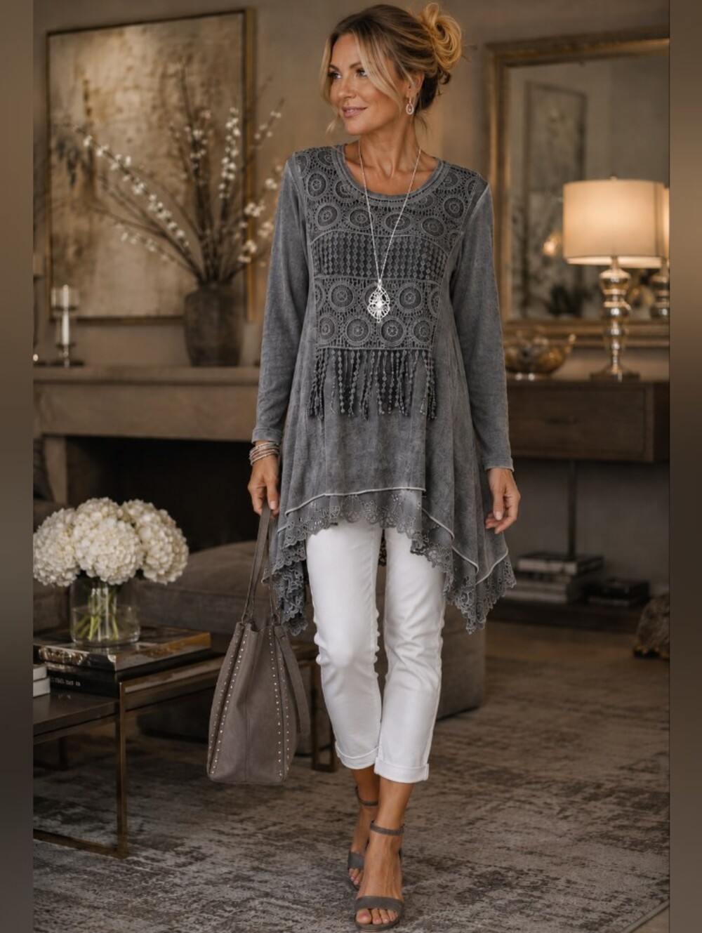 NWOT  CalStyle Gray Crochet Lace Lagenlook Tunic Top